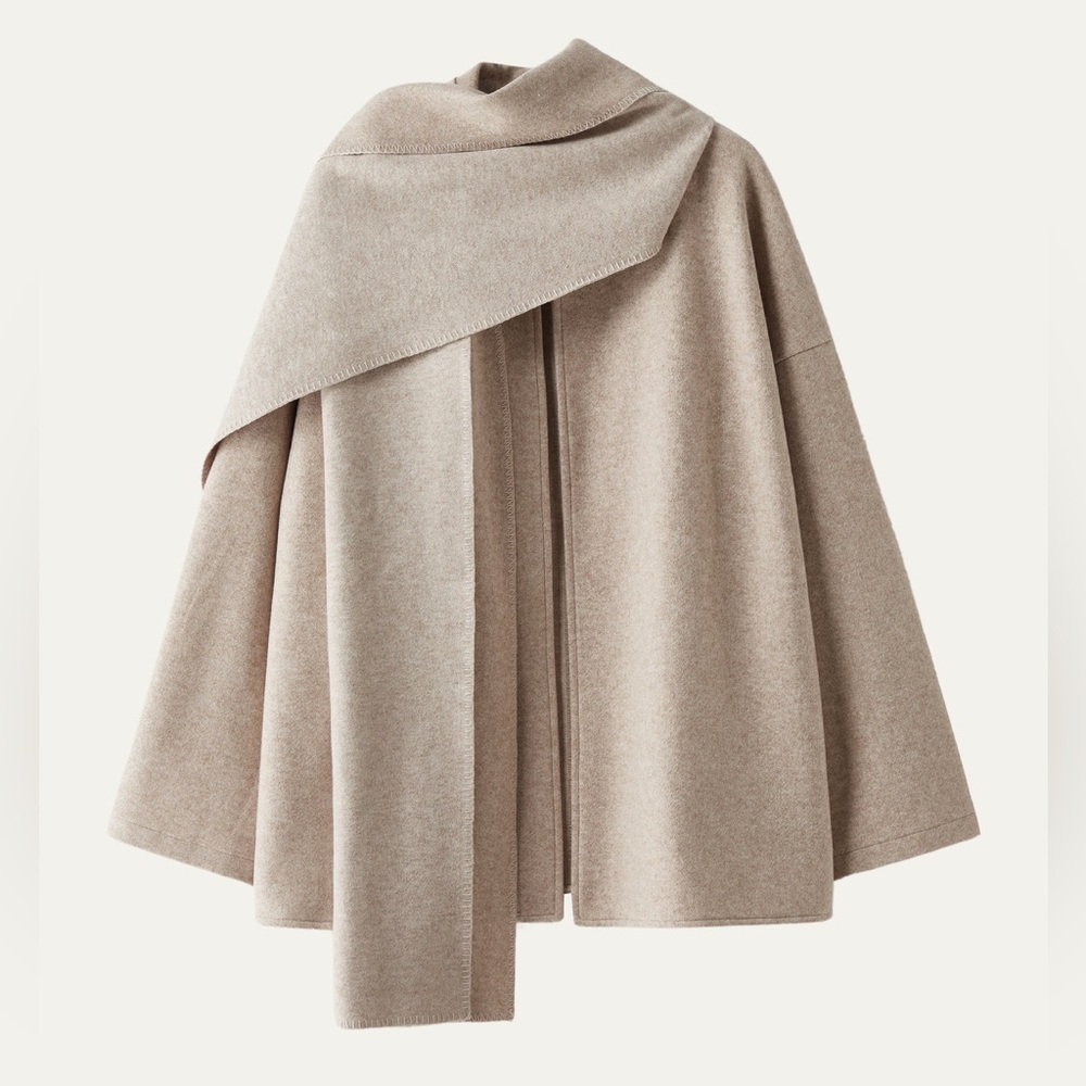 OGL Beige Draped Wool Blend Cape Coat
